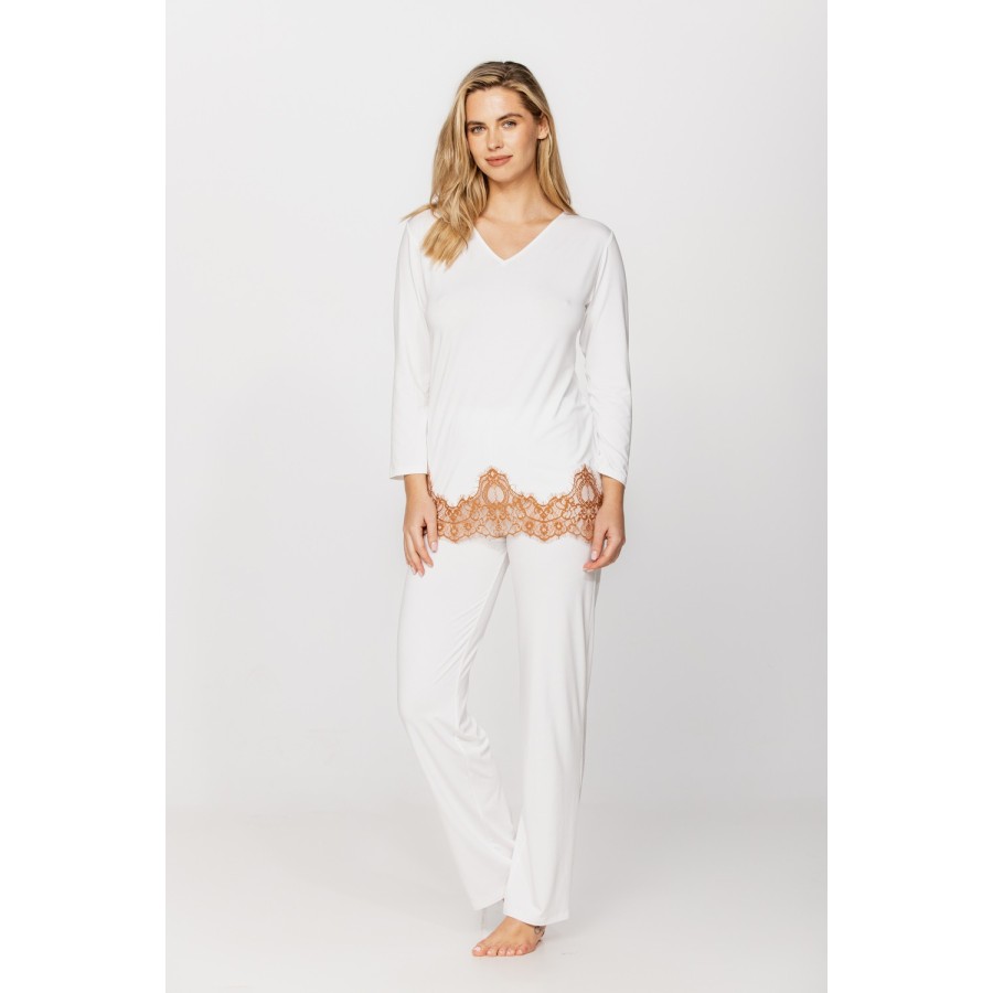 Conjunto de dormir ajustado blanco y naranja en micromodal y elastano